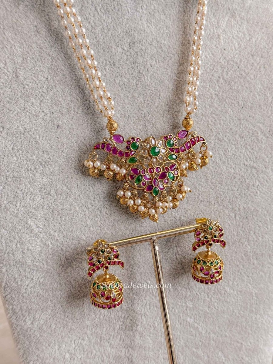 Ruby & Green Pendant Pearl Mala Necklace Set - SOKORA JEWELSRuby & Green Pendant Pearl Mala Necklace Set