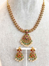 Ruby & Green Pendant Pearl Necklace Set - SOKORA JEWELSRuby & Green Pendant Pearl Necklace Set