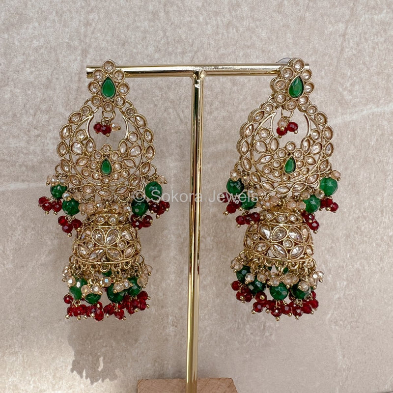 Saba Long Earrings - Maroon + Green - SOKORA JEWELSSaba Long Earrings - Maroon + Green