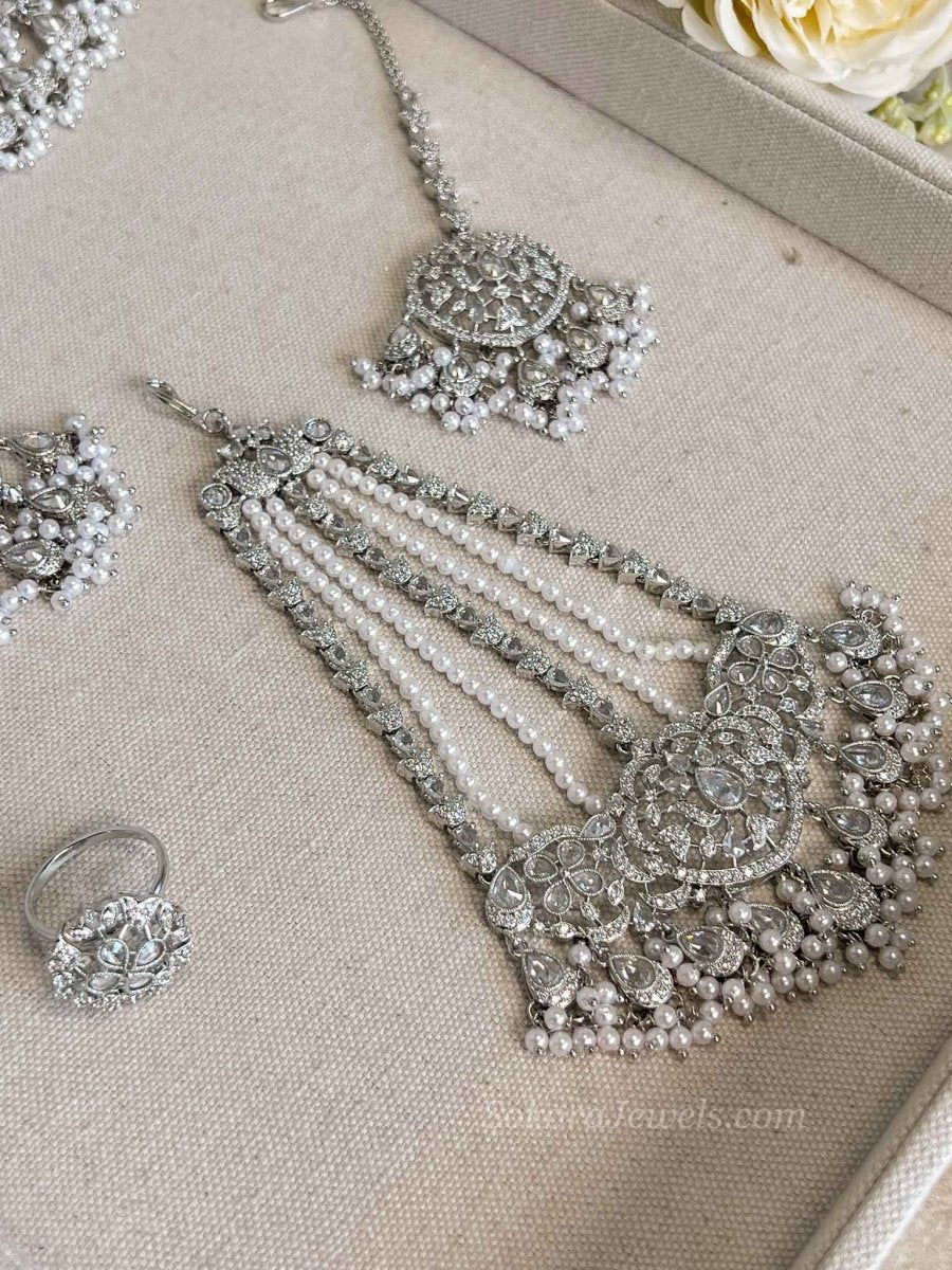 Sahar American Diamond Bridal Jewellery Set with Jhumar & Ring - SOKORA JEWELSSahar American Diamond Bridal Jewellery Set with Jhumar & Ring
