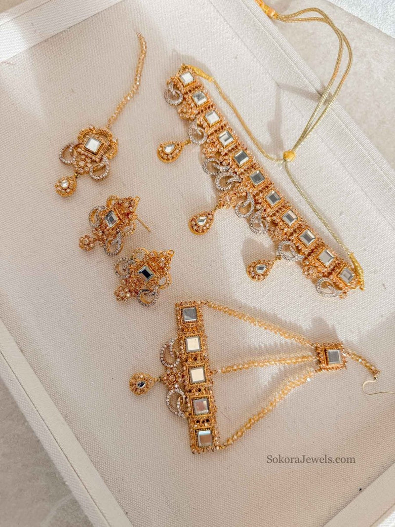 Sample sale: Glass Mirror and Zircon Bridal Choker Set - SOKORA JEWELSSample sale: Glass Mirror and Zircon Bridal Choker Set