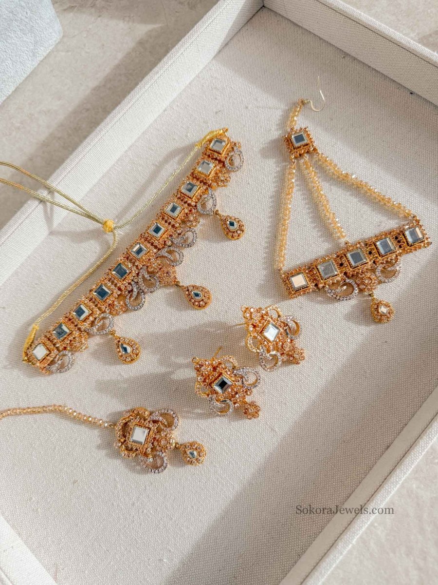 Sample sale: Glass Mirror and Zircon Bridal Choker Set - SOKORA JEWELSSample sale: Glass Mirror and Zircon Bridal Choker Set