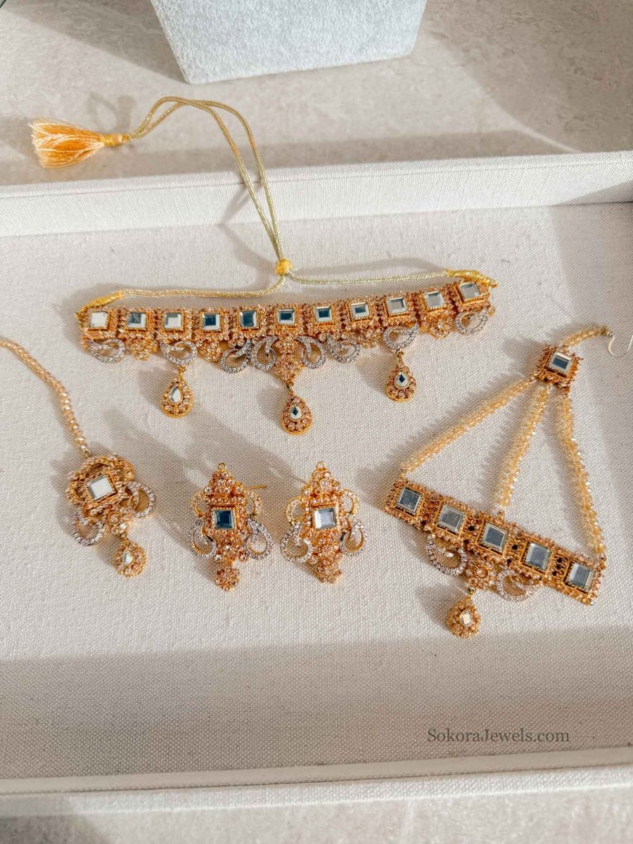 Sample sale: Glass Mirror and Zircon Bridal Choker Set - SOKORA JEWELSSample sale: Glass Mirror and Zircon Bridal Choker Set
