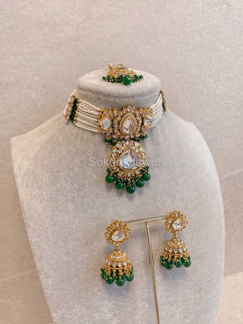 Sazwa Faux Kundan Choker Set - Green - SOKORA JEWELSSazwa Faux Kundan Choker Set - Green