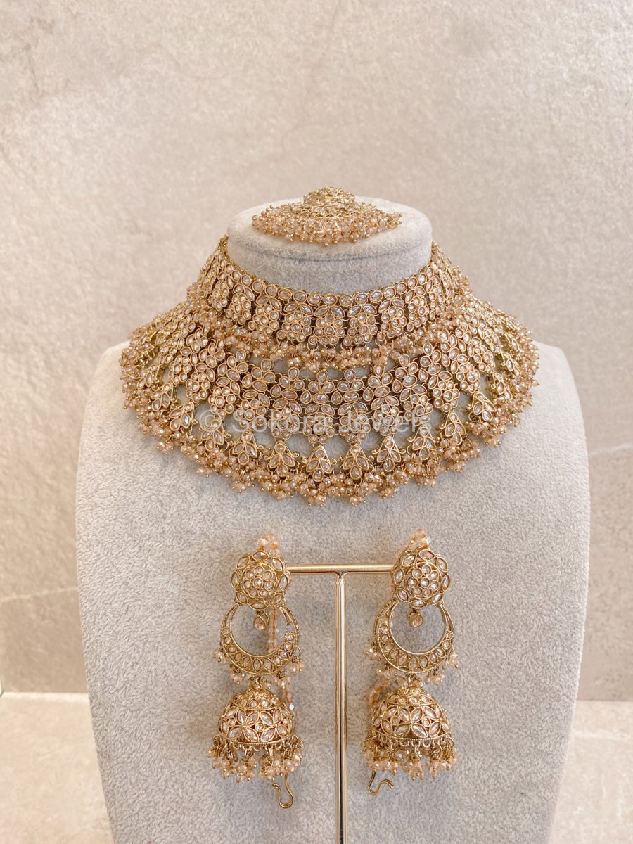 Seema Bridal Necklace Set - Golden - SOKORA JEWELSSeema Bridal Necklace Set - Golden