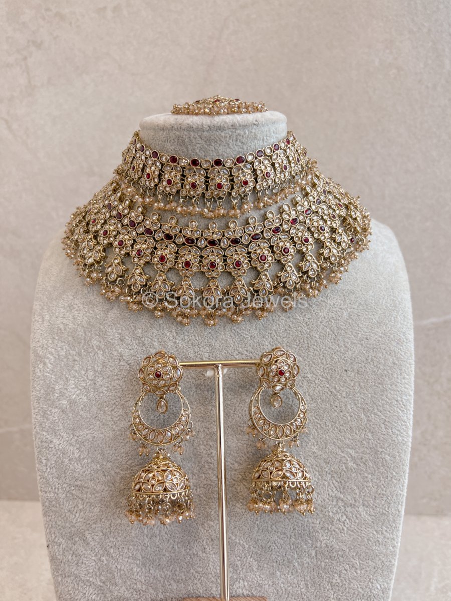 Seema Bridal Necklace Set - Maroon - SOKORA JEWELSSeema Bridal Necklace Set - Maroon