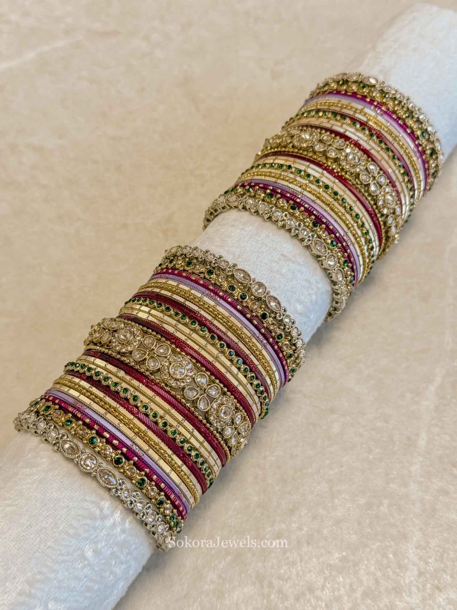 Seema Maroon Bangle set with Multigem detail - SOKORA JEWELSSeema Maroon Bangle set with Multigem detailBANGLES