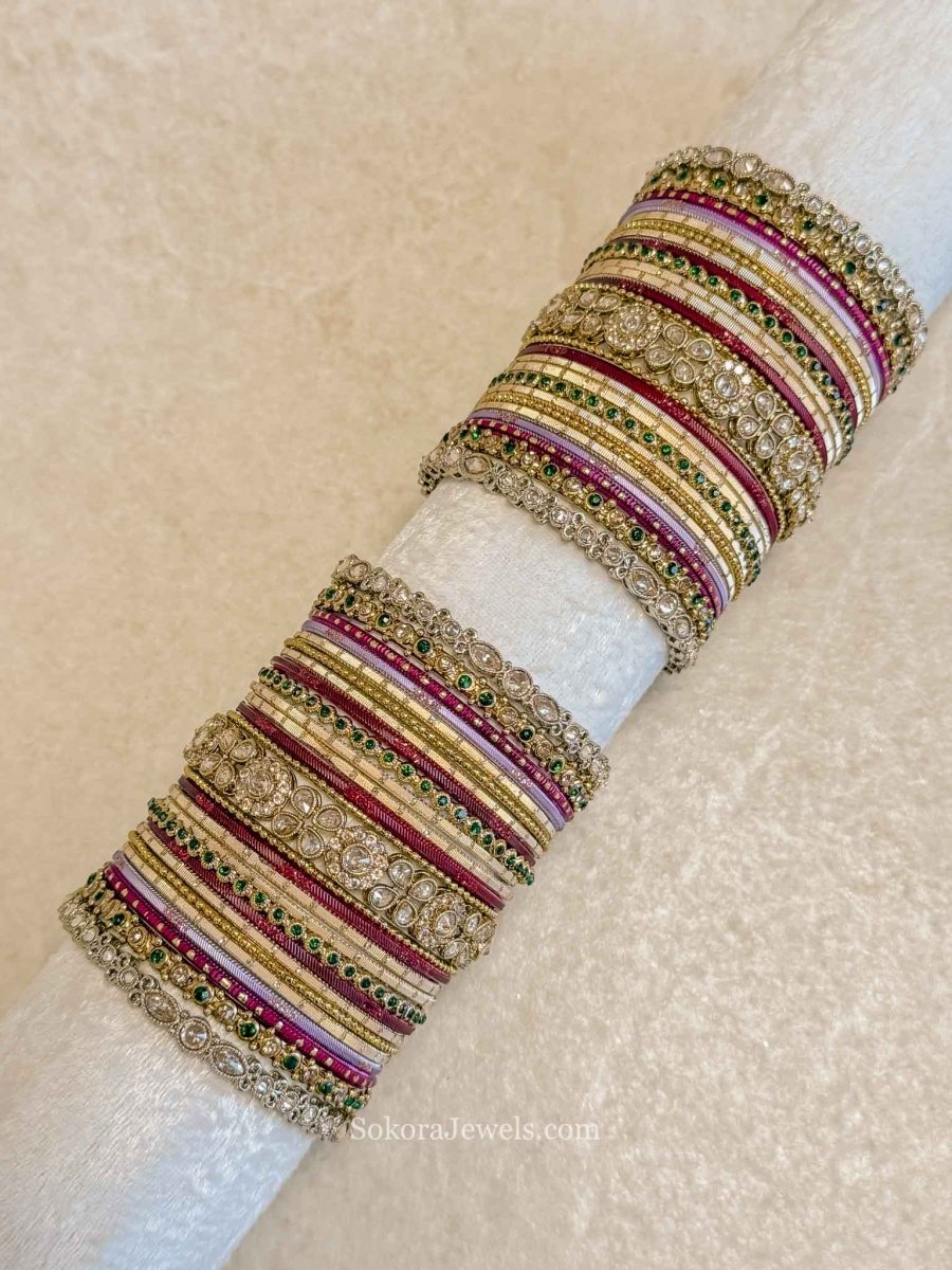 Seema Maroon Bangle set with Multigem detail - SOKORA JEWELSSeema Maroon Bangle set with Multigem detailBANGLES