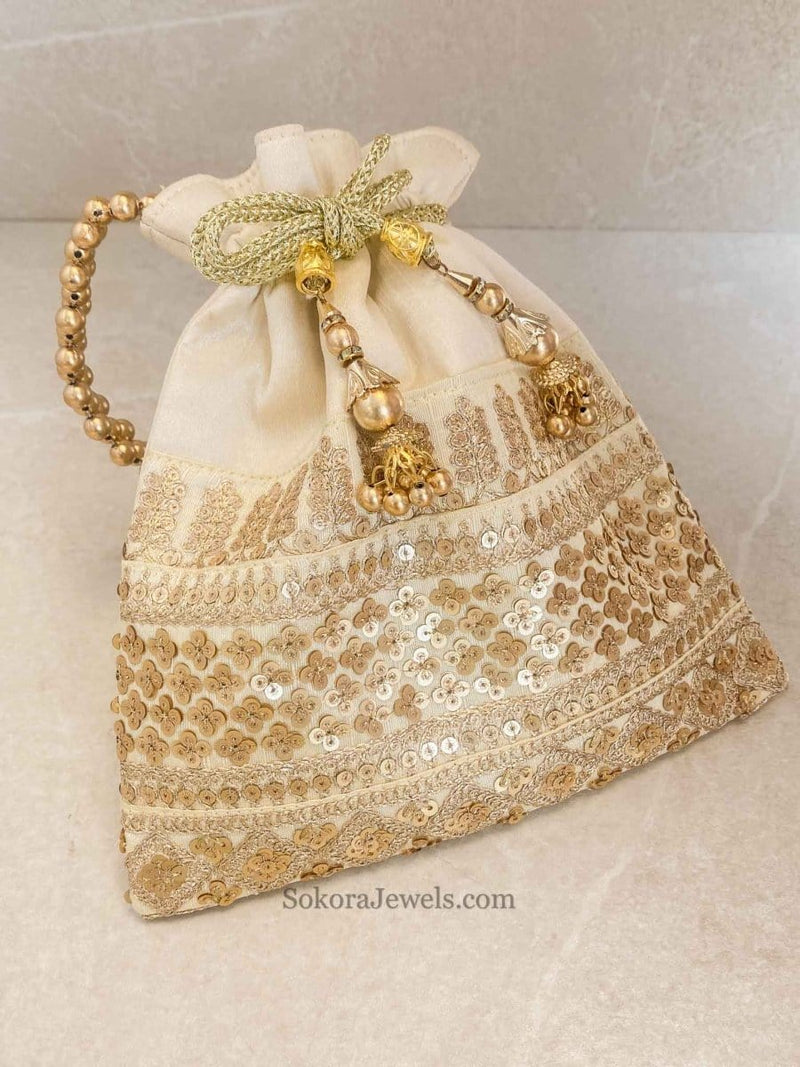Sequin Detail Potli Bag - Cream - SOKORA JEWELSSequin Detail Potli Bag - Cream