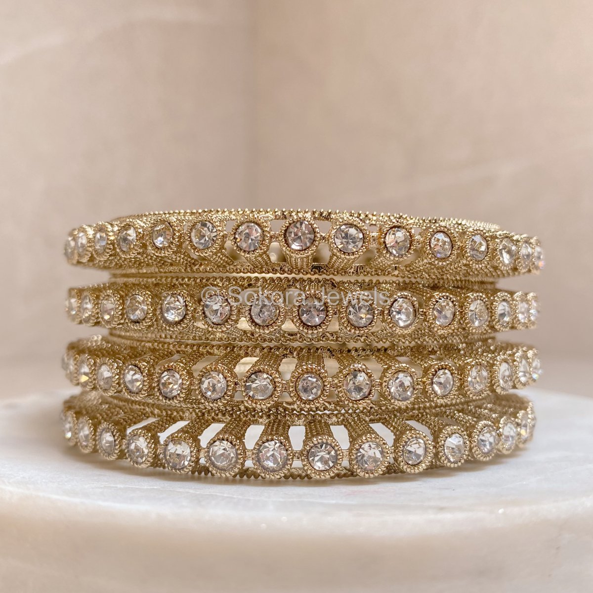 Set of 4 High Gold & Clear Stonework Bangles - SOKORA JEWELSSet of 4 High Gold & Clear Stonework BanglesBANGLES