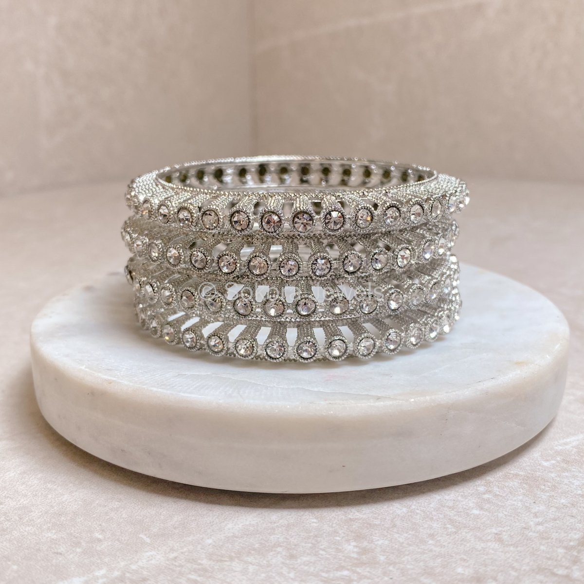 Set of 4 High Silver & Clear Stonework Bangles - SOKORA JEWELSSet of 4 High Silver & Clear Stonework BanglesBANGLES