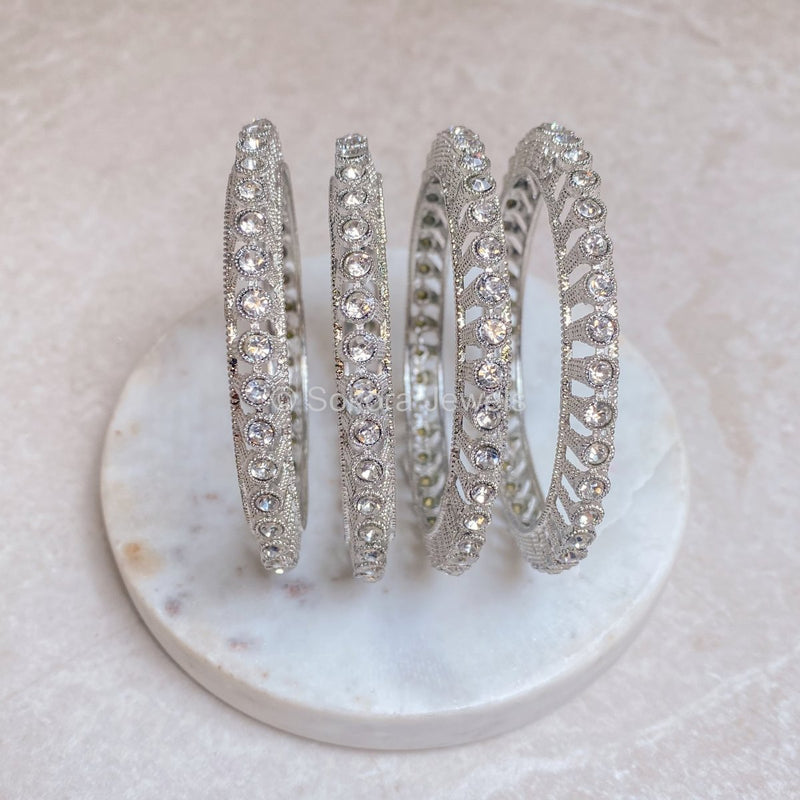 Set of 4 High Silver & Clear Stonework Bangles - SOKORA JEWELSSet of 4 High Silver & Clear Stonework BanglesBANGLES