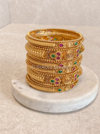 Set of 6 Ruby and Green Detail Gold Bangles - SOKORA JEWELSSet of 6 Ruby and Green Detail Gold BanglesBANGLES