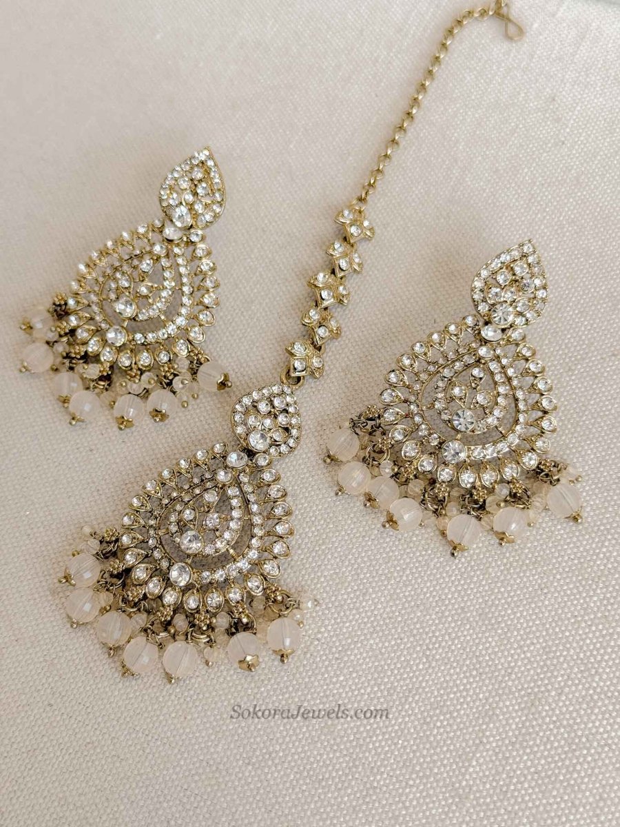 Shetal Antique Gold Earring & Tikka sets - SOKORA JEWELSShetal Antique Gold Earring & Tikka sets