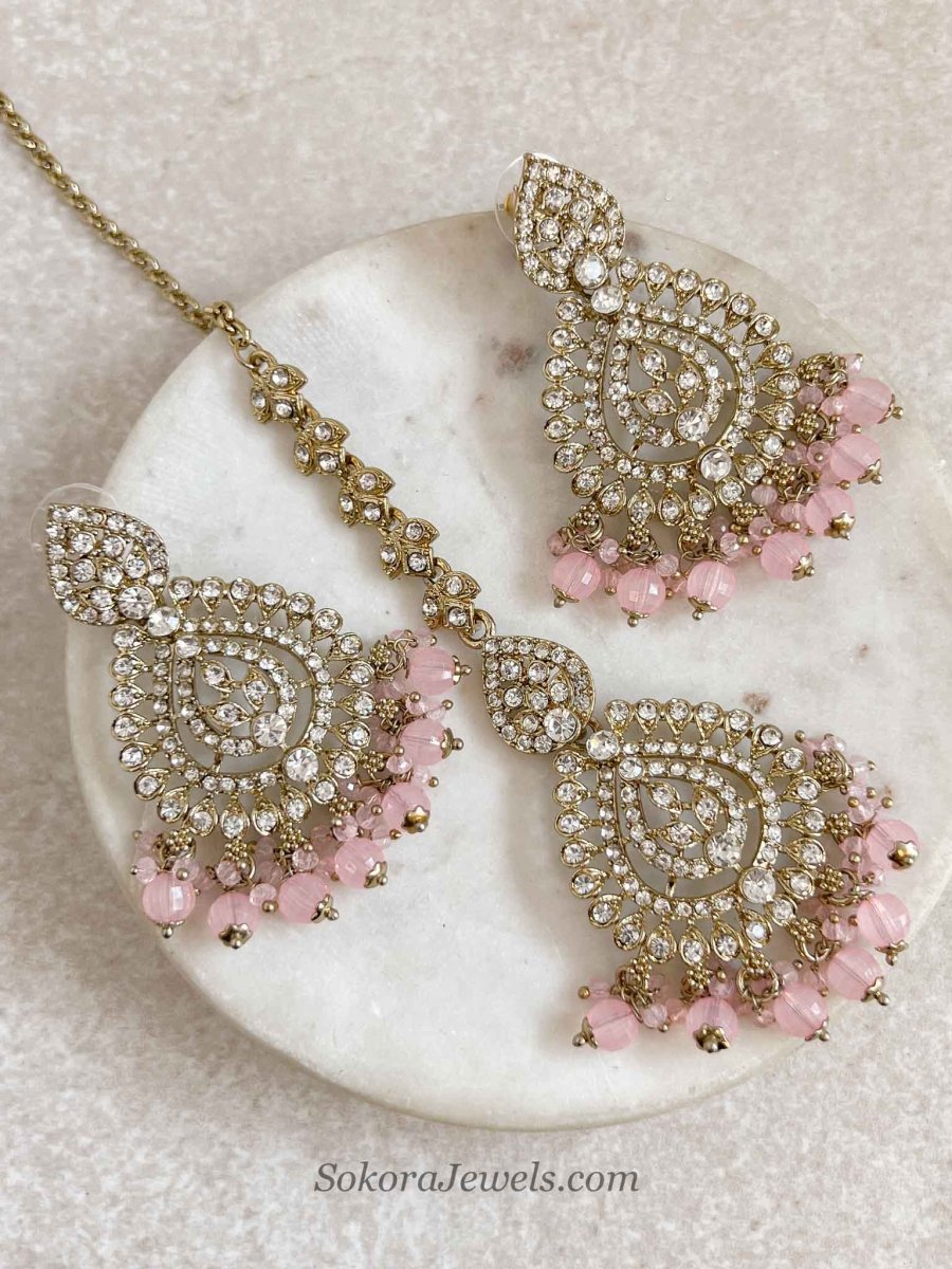 Shetal Antique Gold Earring & Tikka sets - SOKORA JEWELSShetal Antique Gold Earring & Tikka sets