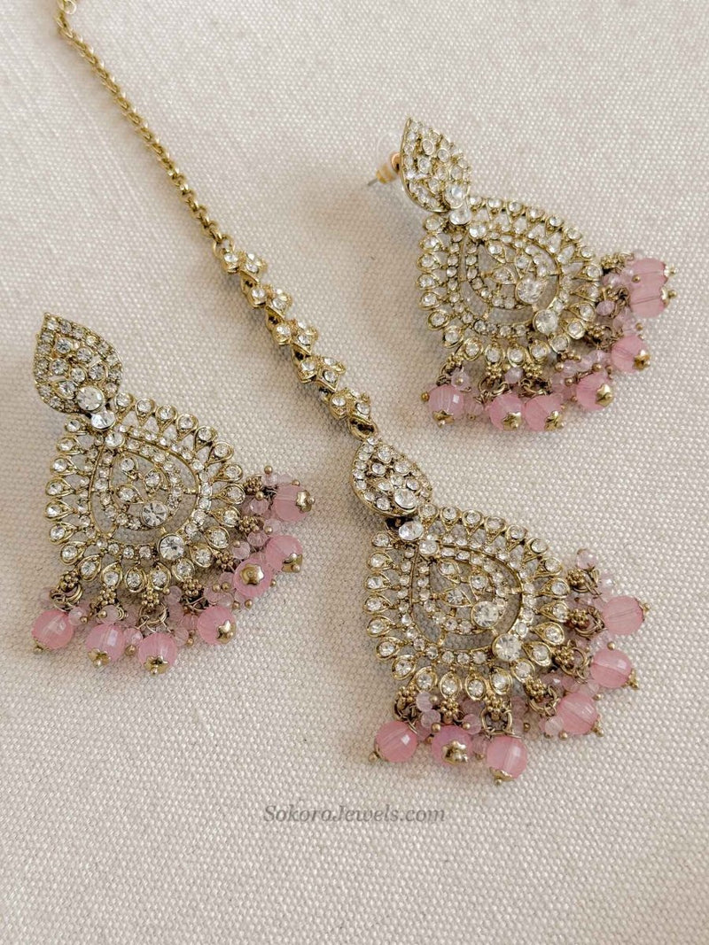 Shetal Antique Gold Earring & Tikka sets - SOKORA JEWELSShetal Antique Gold Earring & Tikka sets