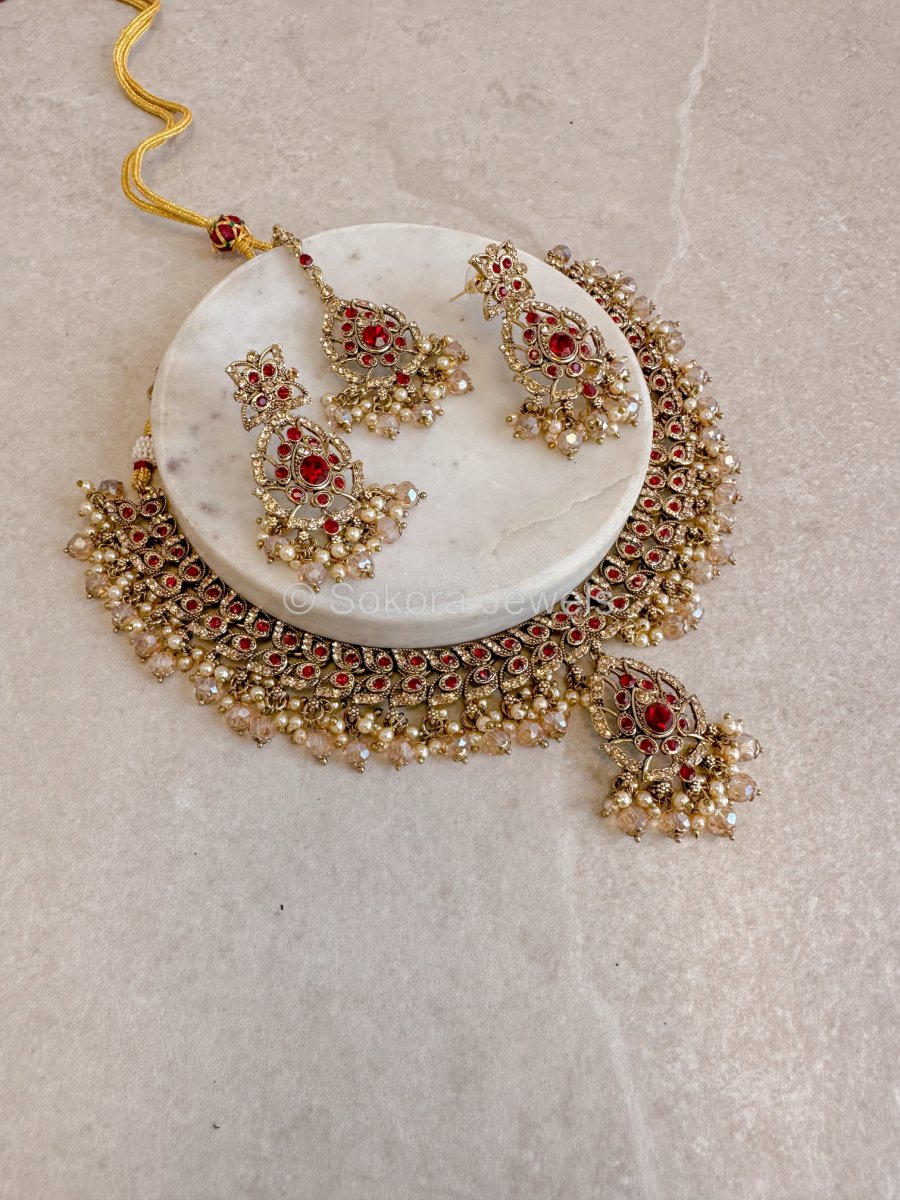 Shona Antique Gold Pendant Set - Maroon - SOKORA JEWELSShona Antique Gold Pendant Set - Maroon