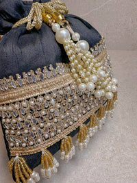 Silk & Mirror Detail Potli Bag - Black - SOKORA JEWELSSilk & Mirror Detail Potli Bag - Black