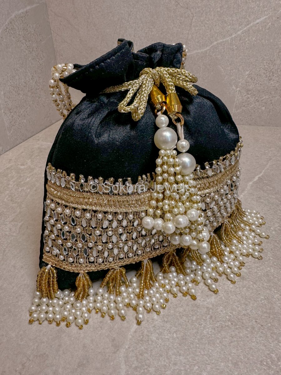 Silk & Mirror Detail Potli Bag - Black - SOKORA JEWELSSilk & Mirror Detail Potli Bag - Black