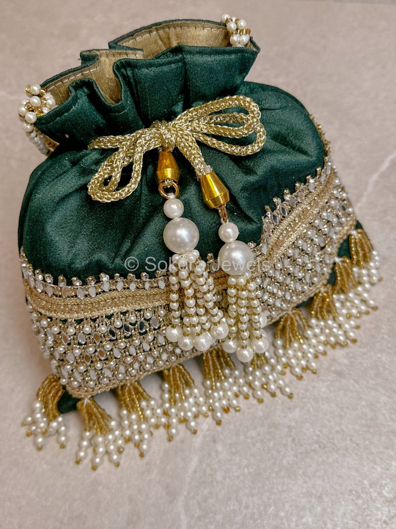 Silk & Mirror Detail Potli Bag - Green - SOKORA JEWELSSilk & Mirror Detail Potli Bag - Green