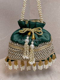 Silk & Mirror Detail Potli Bag - Green - SOKORA JEWELSSilk & Mirror Detail Potli Bag - Green