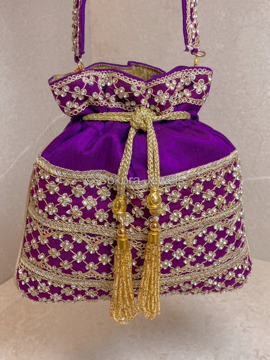 Purpledip Potli Drawstring Bag - Golden Satin Silk Embroidered Evening Purse 7.5x7.5x7 Inches