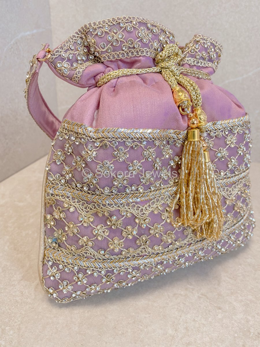 Silk & Stonework Potli Bag - Mauve - SOKORA JEWELSSilk & Stonework Potli Bag - Mauve