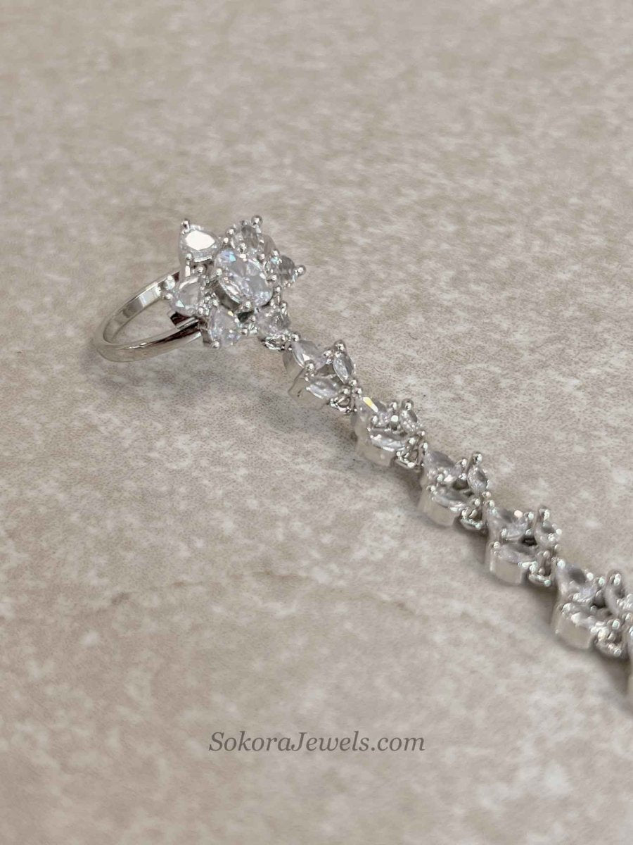 Silver American Diamond Hand Chain Bracelet - SOKORA JEWELSSilver American Diamond Hand Chain Bracelet