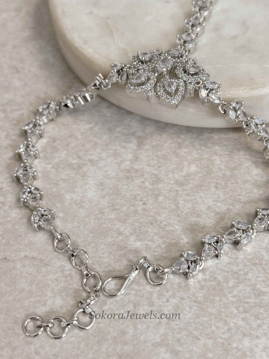 Silver American Diamond Hand Chain Bracelet - SOKORA JEWELSSilver American Diamond Hand Chain Bracelet