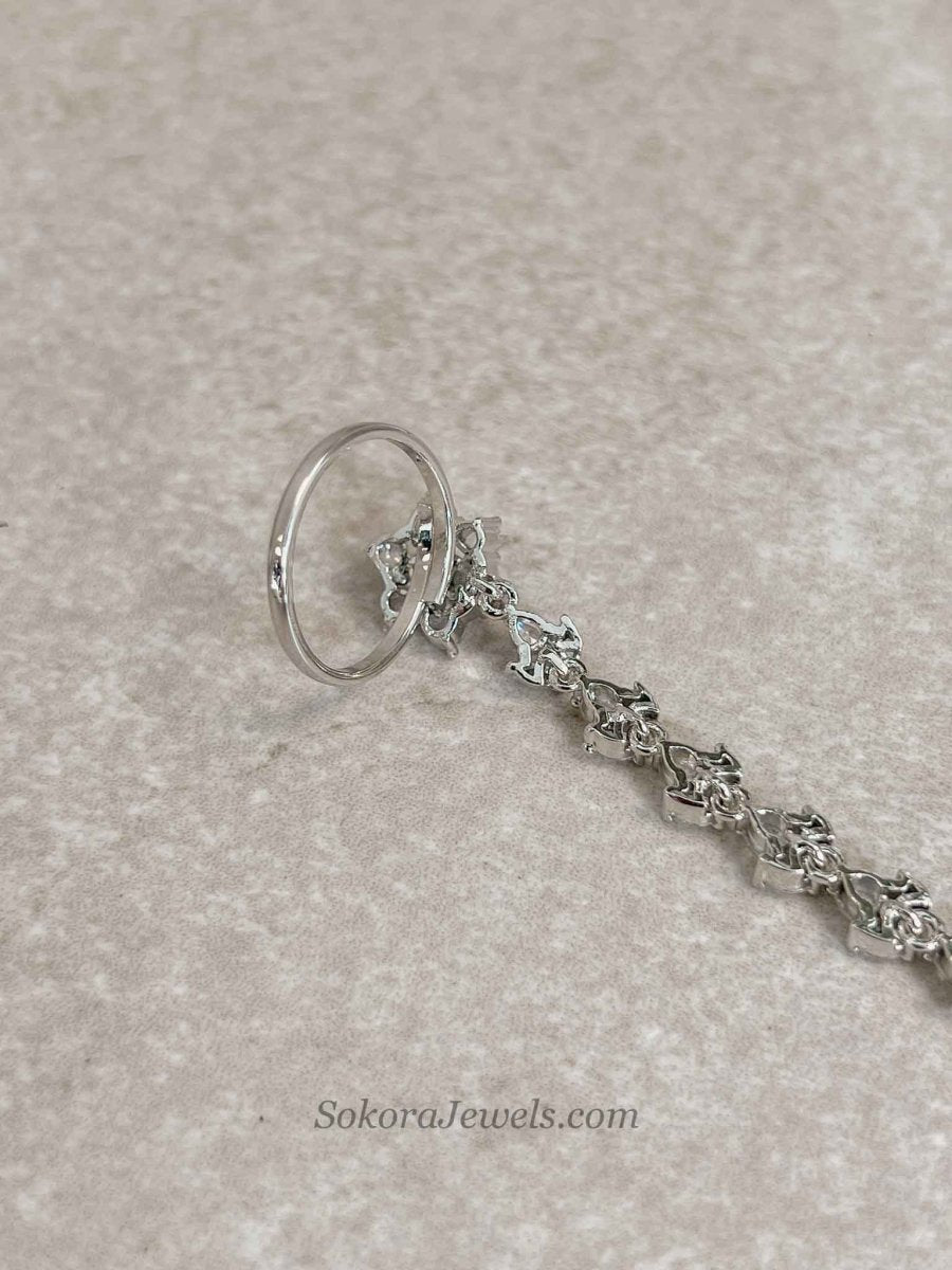 Silver American Diamond Hand Chain Bracelet - SOKORA JEWELSSilver American Diamond Hand Chain Bracelet