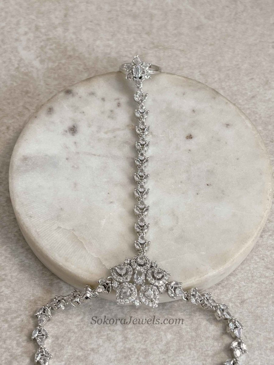 Silver American Diamond Hand Chain Bracelet - SOKORA JEWELSSilver American Diamond Hand Chain Bracelet