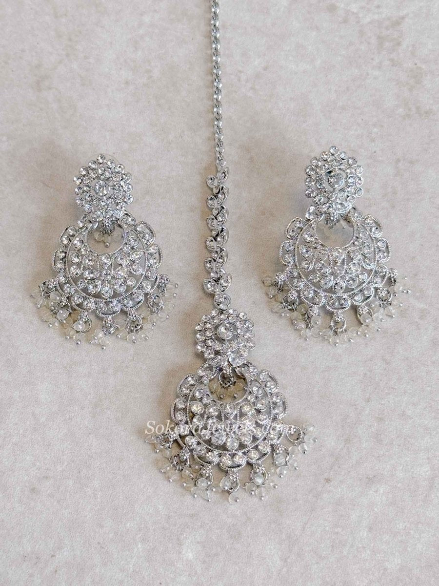 Silver Beaded Earrings & Tikka Set - SOKORA JEWELSSilver Beaded Earrings & Tikka Set