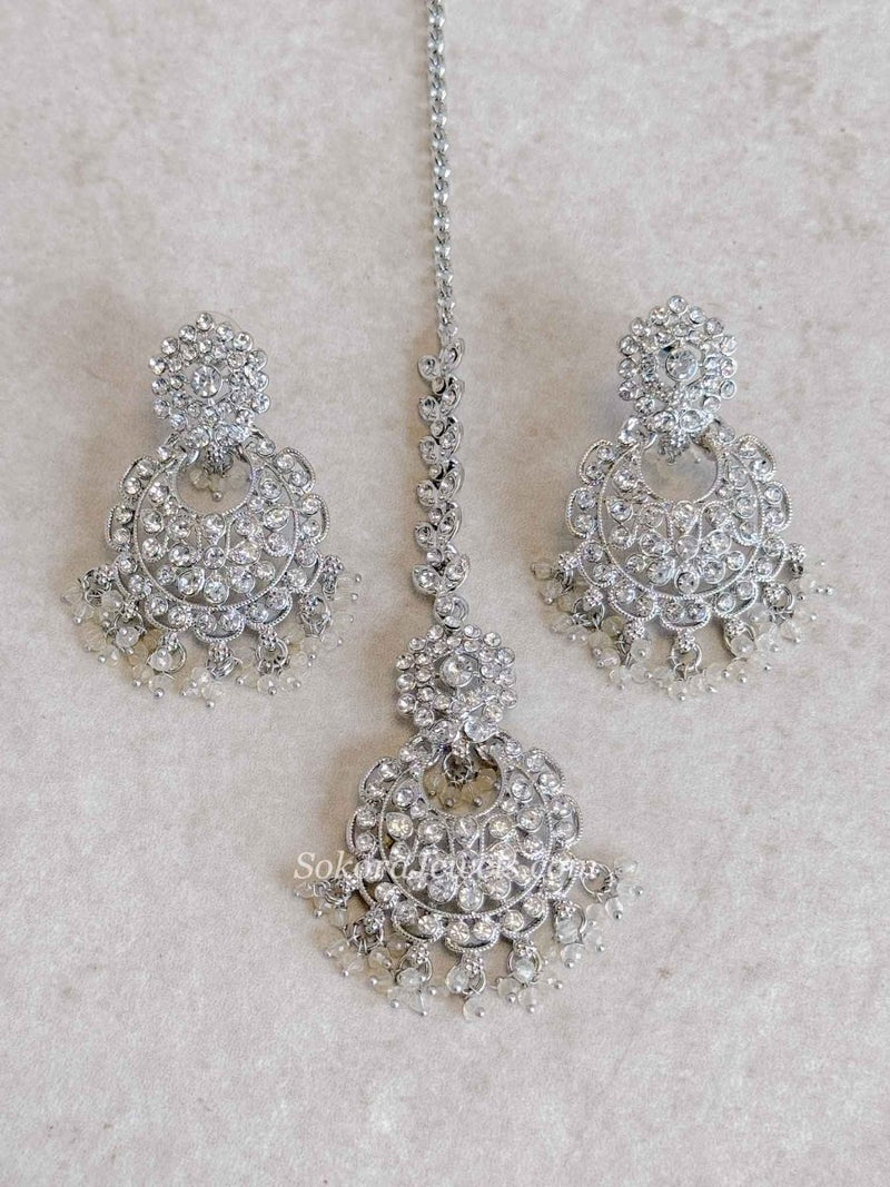 Silver Beaded Earrings & Tikka Set - SOKORA JEWELSSilver Beaded Earrings & Tikka Set