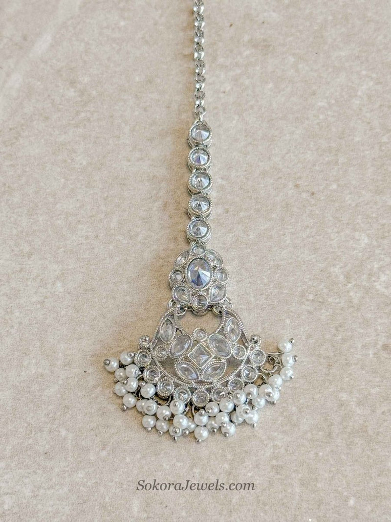 Silver Chandbali Shape Pearl Tikka - SOKORA JEWELSSilver Chandbali Shape Pearl Tikka