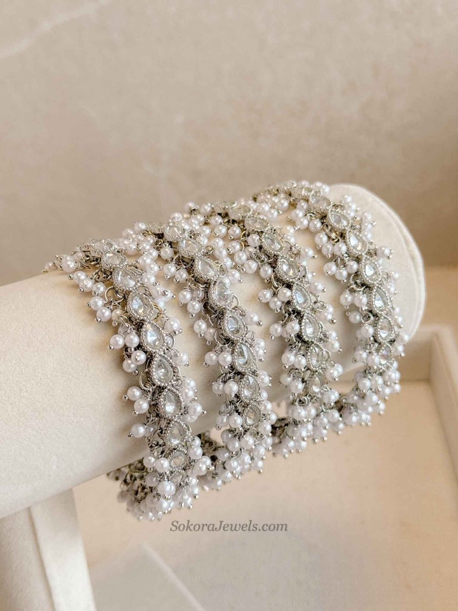 Silver & Clear Zircon & Pearl Bridal Bangles - SOKORA JEWELSSilver & Clear Zircon & Pearl Bridal BanglesBANGLES
