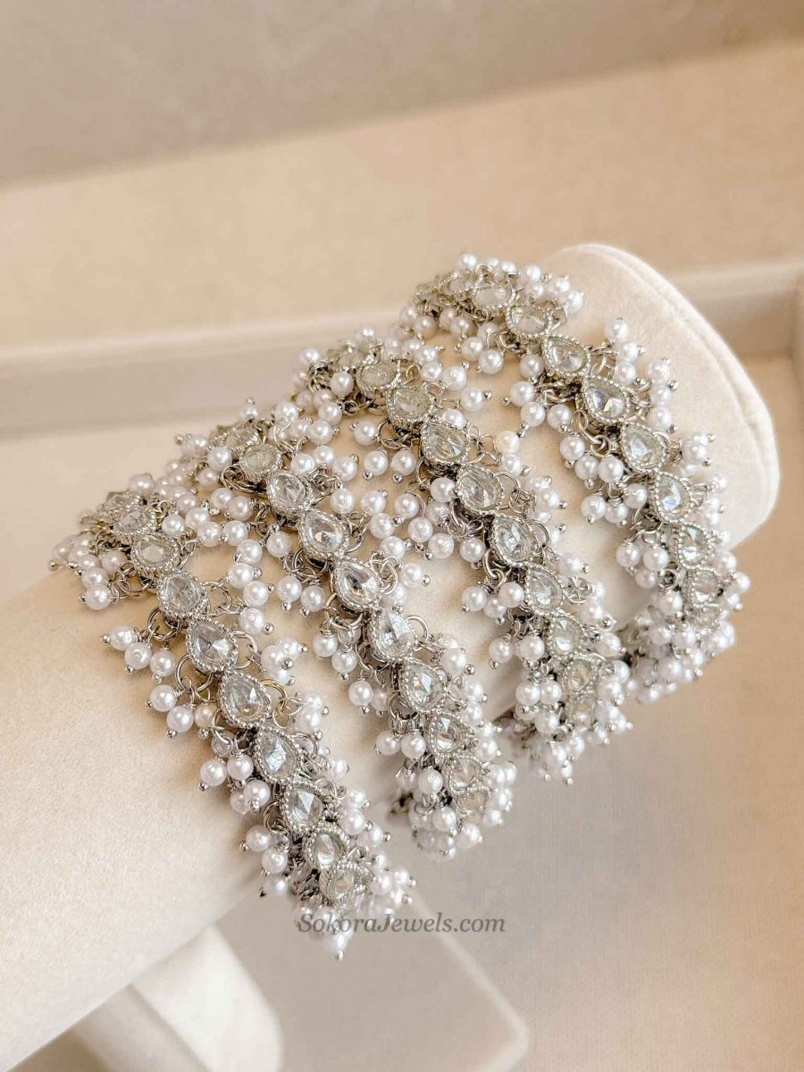 Silver & Clear Zircon & Pearl Bridal Bangles - SOKORA JEWELSSilver & Clear Zircon & Pearl Bridal BanglesBANGLES