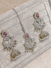 Silver Crystal Jhumka and Tikka set - Pink - SOKORA JEWELSSilver Crystal Jhumka and Tikka set - Pink