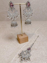 Silver Crystal Jhumka and Tikka set - Pink - SOKORA JEWELSSilver Crystal Jhumka and Tikka set - Pink