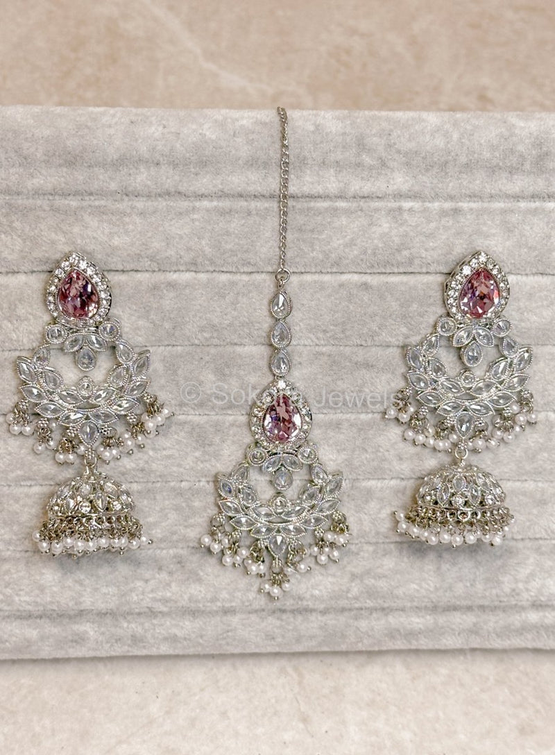 Silver Crystal Jhumka and Tikka set - Pink - SOKORA JEWELSSilver Crystal Jhumka and Tikka set - Pink