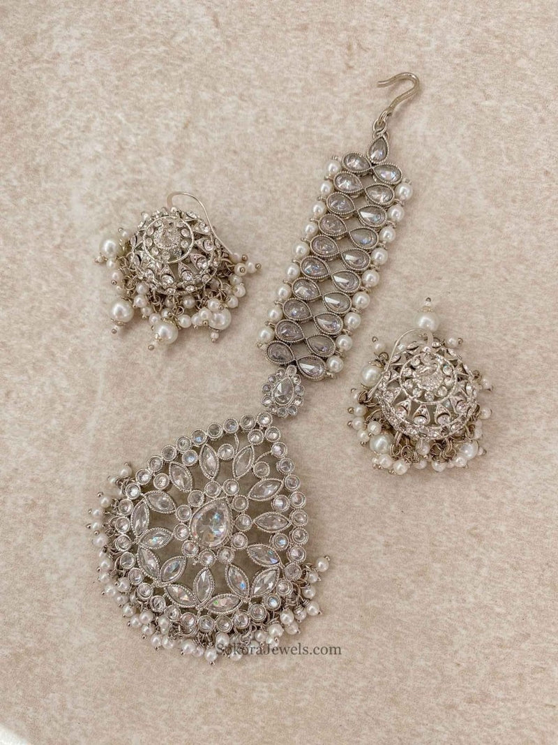 Silver Earring & Tikka Set - Pearl - SOKORA JEWELSSilver Earring & Tikka Set - Pearl