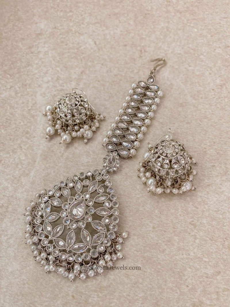 Silver Earring & Tikka Set - Pearl - SOKORA JEWELSSilver Earring & Tikka Set - Pearl