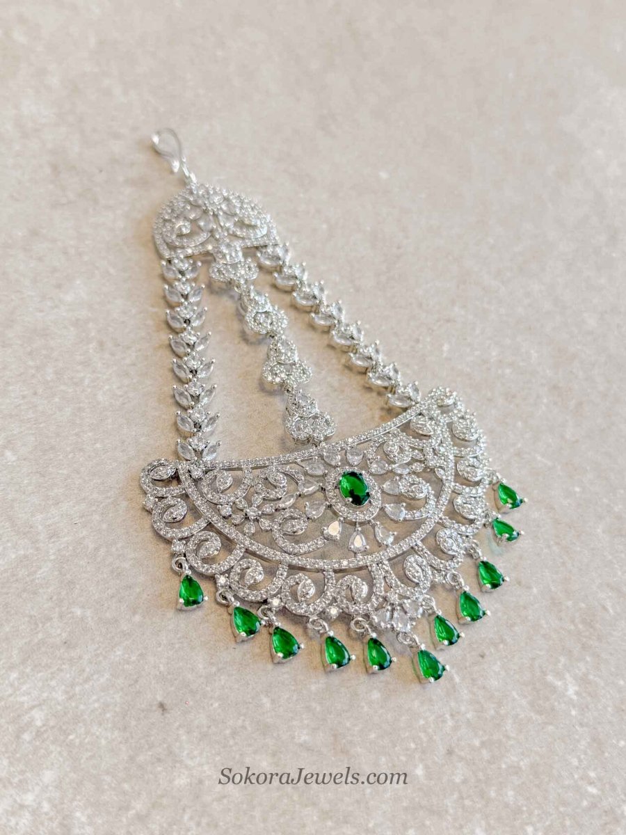 Silver & Green Droplet Diamante Jhumar - SOKORA JEWELSSilver & Green Droplet Diamante Jhumar