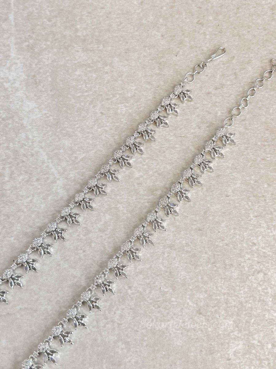 Silver Leaf Shape American Diamond Bridal Payal - SOKORA JEWELSSilver Leaf Shape American Diamond Bridal Payal