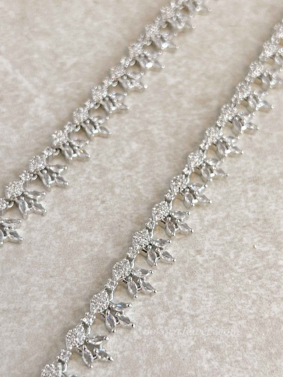 Silver Leaf Shape American Diamond Bridal Payal - SOKORA JEWELSSilver Leaf Shape American Diamond Bridal Payal