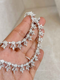 Silver Leaf Shape American Diamond Bridal Payal - SOKORA JEWELSSilver Leaf Shape American Diamond Bridal Payal