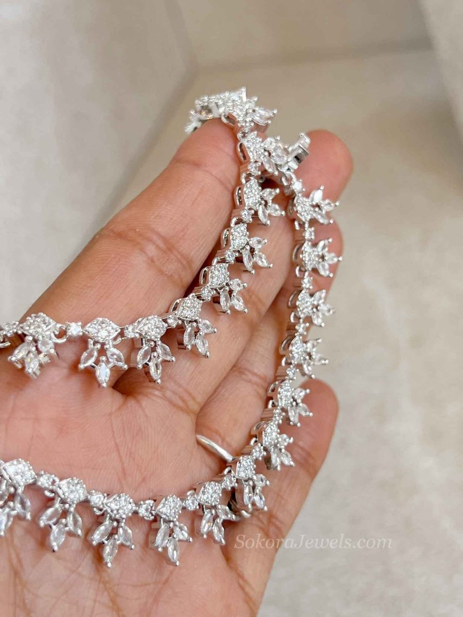 Silver Leaf Shape American Diamond Bridal Payal - SOKORA JEWELSSilver Leaf Shape American Diamond Bridal Payal