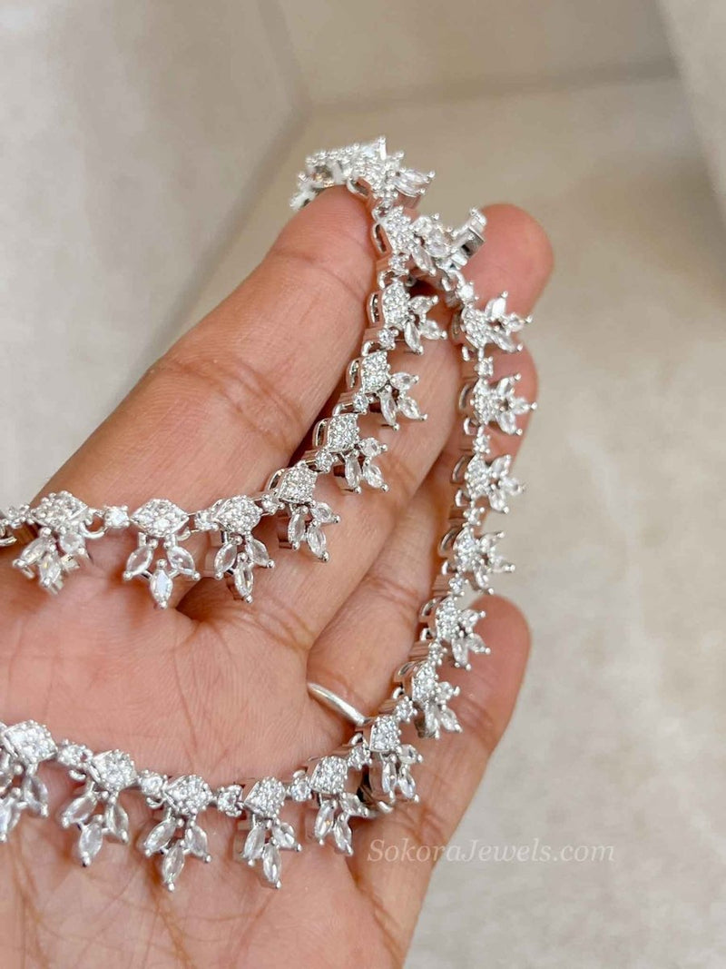 Silver Leaf Shape American Diamond Bridal Payal - SOKORA JEWELSSilver Leaf Shape American Diamond Bridal Payal