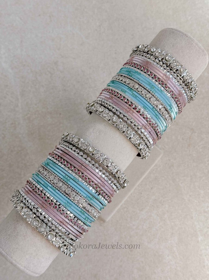 Silver, Light Pink & Blue Bangle set - SOKORA JEWELSSilver, Light Pink & Blue Bangle setBANGLES
