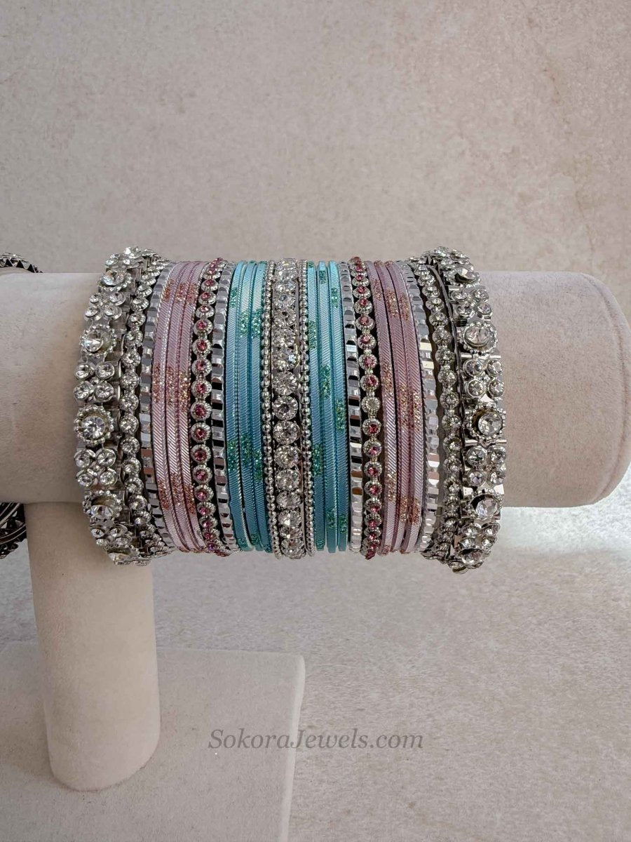 Silver, Light Pink & Blue Bangle set - SOKORA JEWELSSilver, Light Pink & Blue Bangle setBANGLES