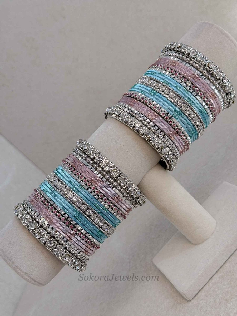 Silver, Light Pink & Blue Bangle set - SOKORA JEWELSSilver, Light Pink & Blue Bangle setBANGLES